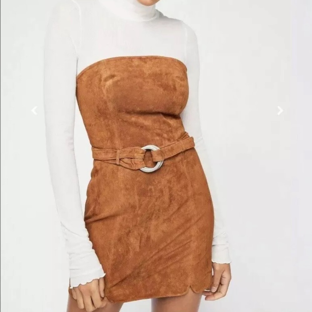 Free People Suede Strapless Mini Dress in Cognac Brown